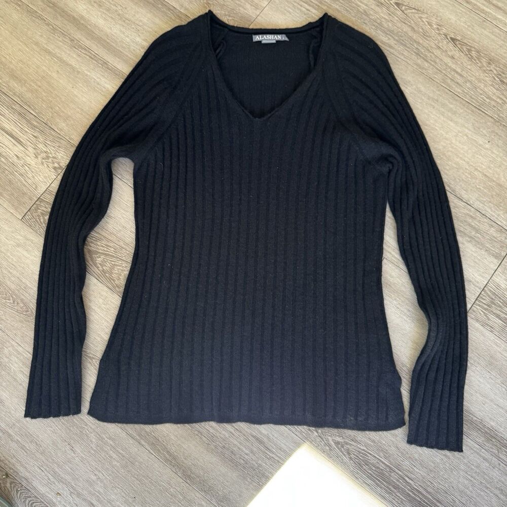 Alashan 100% Fine Cashmere V-neck Black Sweater Women's Sz Large Luxury MP $260